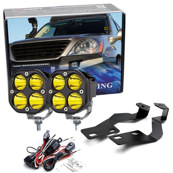 Yellow Lens, Selective Yellow LED Ditch Light Bundle For 2003-2009 Lexus GX470, (2) 20W High Power LED Round Pods, Windshield A-Pillar Mounting Brackets & On/Off Switch Wiring