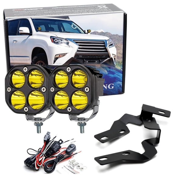 Yellow Lens, Selective Yellow LED Ditch Light Bundle For 2010-2023 Lexus GX460, (2) 20W High Power LED Round Pods, Windshield A-Pillar Mounting Brackets & On/Off Switch Wiring
