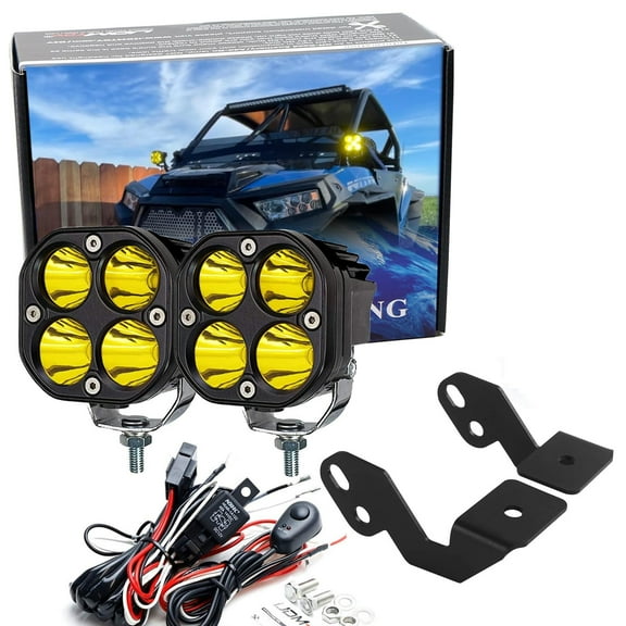 Yellow Lens, Selective Yellow LED Ditch Light Kit For 2014-up Polaris RZR XP 1000, 15-up RZR 900, (2) 20W High Power LED Round Pods, Windshield A-Pillar Brackets & Wiring Relay
