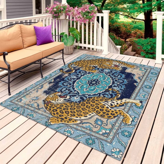 Yellow Leopard Outdoor Rug for Patio/Deck/Porch, Non-Slip Large Area Rug 4 x 6 Ft, Vintage Blue Ethnic Geometric Wild Animals Indoor Outdoor Rugs Washable Area Rugs, Camping Rug Carpet Runner