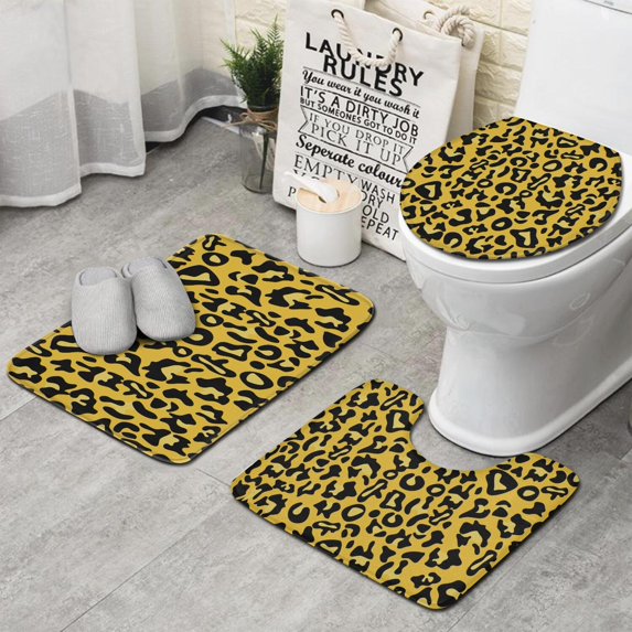 Yellow Leopard Pattern Bathroom Rugs Sets 3 Piece,Toilet Cover Set,Absorbent Non Slip Bathroom Mats Sets with U-Shaped Contour Rug Toilet Rug Set