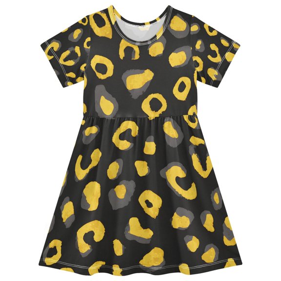 Yellow Leopard Pattern Girls Short Sleeve Dress A Line Sun Protection Breathable Comfort Sundress 2T