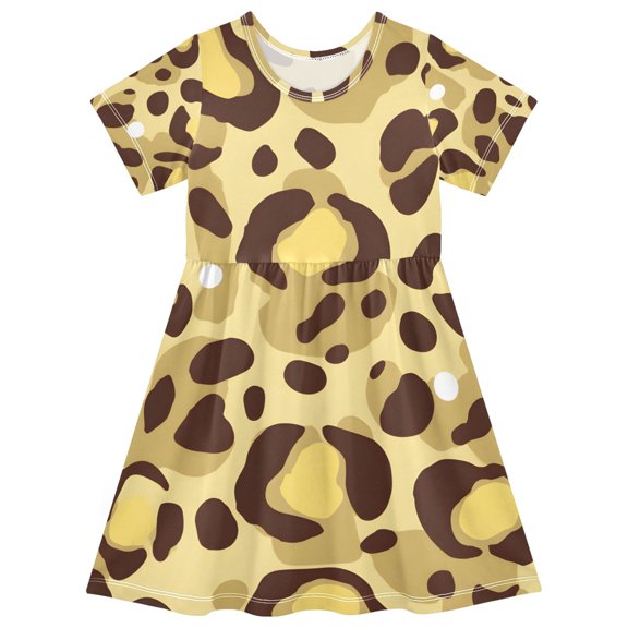 Yellow Leopard Pattern Girls Short Sleeve Dress A Line Sun Protection Breathable Comfort Sundress 3T