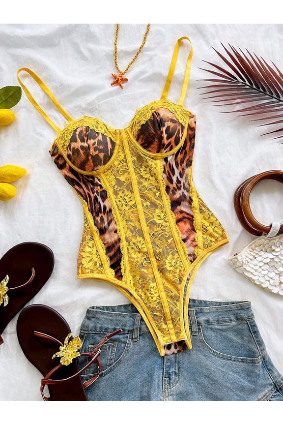 Yellow Leopard Print Lace Bustier Bodysuit With Spaghetti Straps