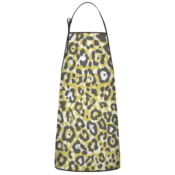 Yellow Leopard Print Pattern Apron-Garden Aprons for Women with Pockets-Cotton Linen Waterproof Kitchen Cooking Gardening Aprons Adjustable for Kitchen,Cooking,BBQ and Salon 33x27 Inch