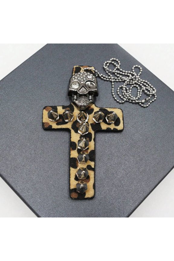Yellow Leopard Print Skull Cross Pendant Necklace With Rhinestones