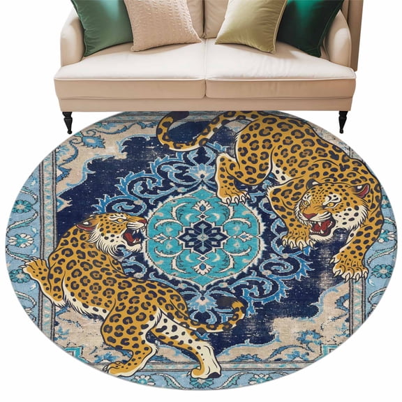 Yellow Leopard Round Rug 5ft Washable Circle Kitchen Rugs Non Slip Vintage Blue Ethnic Geometric Wild Animals Large Area Rug Indoor Carpet for Bedroom Living Room Home Office Dining Room Nursery