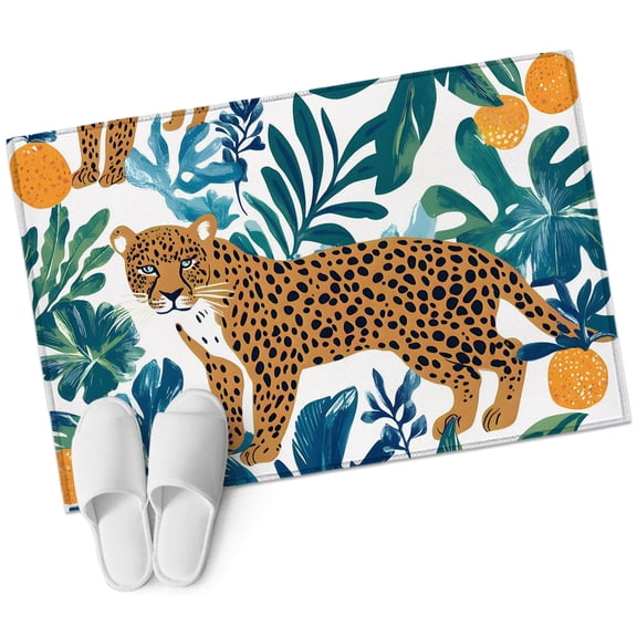 Yellow Leopard Tropical Entryway Rug 2x3 Area Rug Washable Indoor Doormat Small Bathroom Rugs Non-Slip Low Pile Accent Throw Rugs Summer Palm Leaves Green Floor Carpet for Kitchen Bedroom Entrance