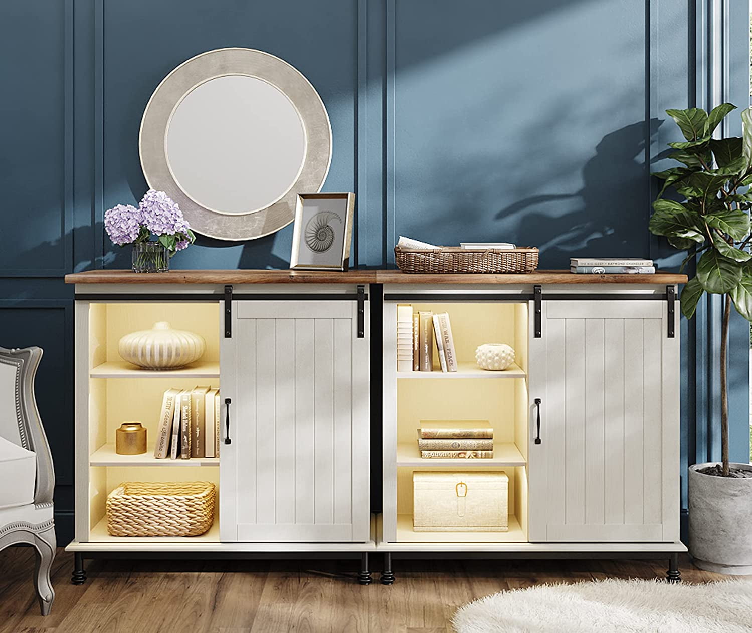 Yellow Light Farmhouse Sliding Barn Door Accent Cabinet Set of 2, Buffet Cabinet for Living Room