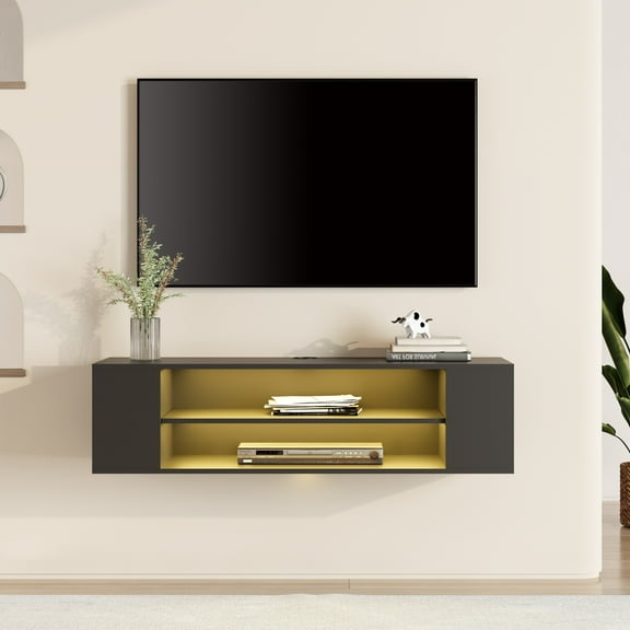 Yellow Light Floating TV Stand with Adjustable Shelves for Living Room Bedroom, Black, 39.4 inch