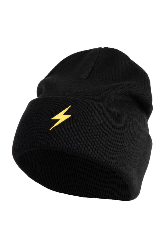 Yellow Lighting Bolt Iron on Patch Patched 12 Inch Long Knitted Beanie - Black OSFM