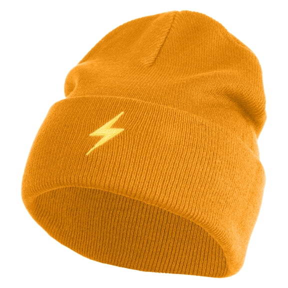 Yellow Lighting Bolt Iron on Patch Patched 12 Inch Long Knitted Beanie - Camel OSFM