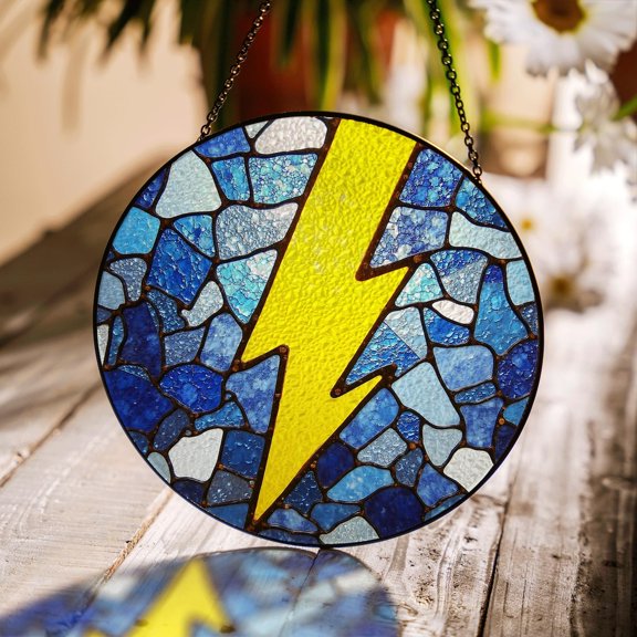 Yellow Lightning Bolt Glass Round Suncatcher With Blue Mosaic Pattern Window Decor Gift For Teen Boys, Suncatcher Window Hanging, 3.5 in