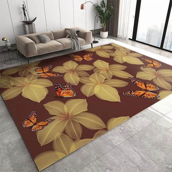 Yellow Lily Flower Area Rug, Tropical Orange Monarch Butterfly Living Room Rug, Indoor Non-Slip Bedroom Rug, Washable Breathable Durable Carpet for Front Entrance Floor Decor 2 x 3ft