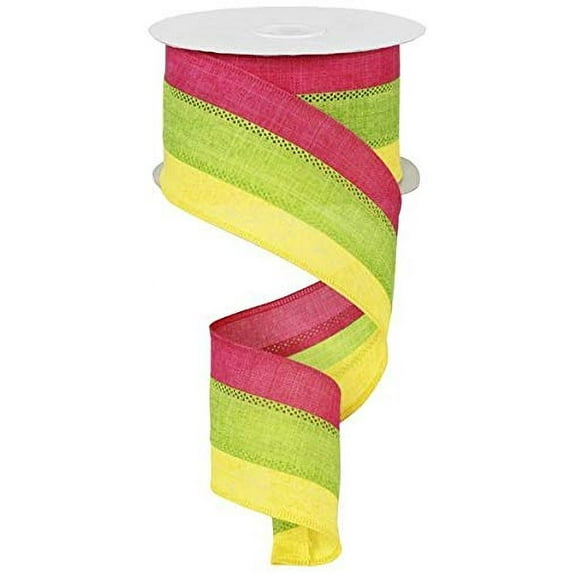 Yellow, Lime, Hot Pink Spring Canvas Striped Ribbon, 2.5" x 100 Feet (33.3 Yards)