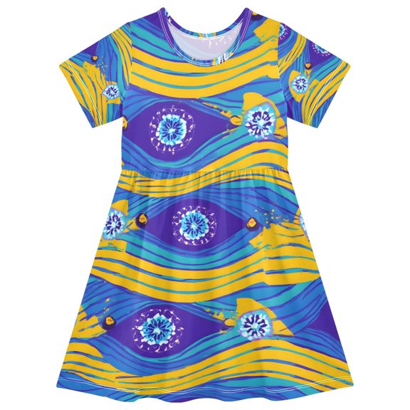 Yellow Line Pattern Girls Short Sleeve Dress A Line Sun Protection Breathable Comfort Sundress 2T