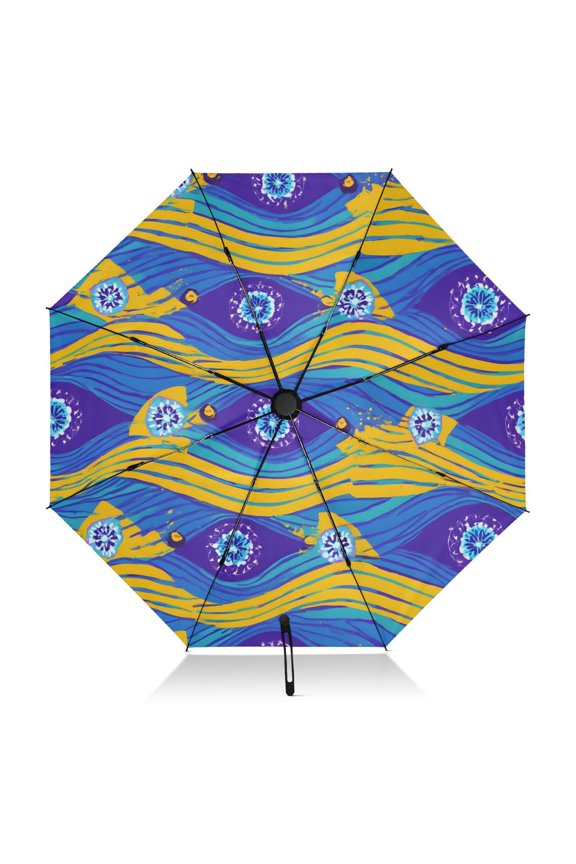Yellow Line Pattern Umbrella Folding Sun Umbrella Travel Auto Open Close Large UV50+ 40in