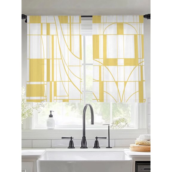 Yellow Linear Grid Sheer Curtains 45 inches Long, Modern Abstract Geometric Minimalist Lines Plaid Light Filtering Sheer Window Curtains Rod Pocket Voile Drapes for Bedroom Living Room, 2 Panels