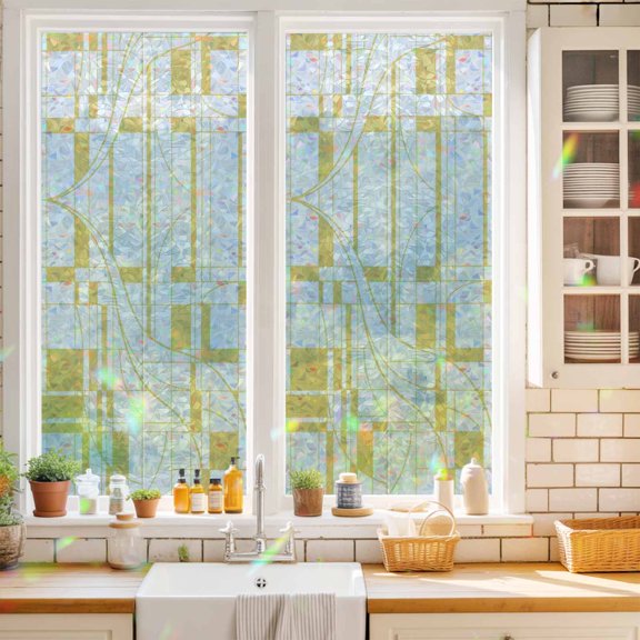 Yellow Linear Grid Window Privacy Film Modern Abstract Geometric Minimalist Lines Plaid Static Cling Stained Glass Window Film Non-Adhesive Decorative Decals Rainbow Sticker 19.6"X39.3"