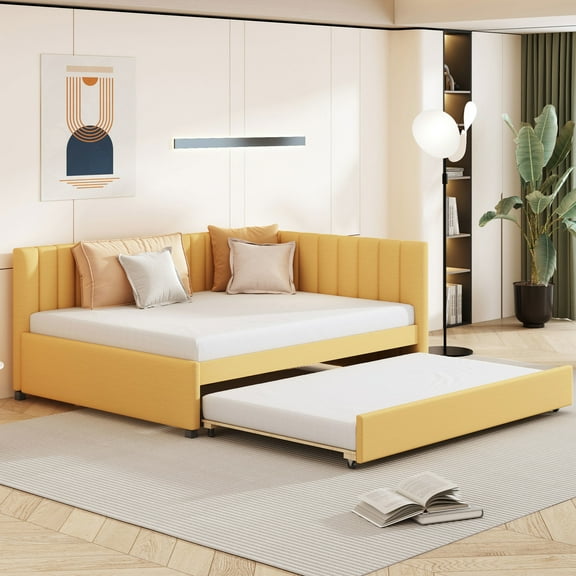 Yellow Linen Daybed With Portable Trundle Design, No Box Spring, Solid Wood Frame For Easy Home Arrangement Upholstered Bed And Trundle, Space Saving A Compact