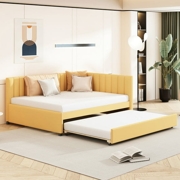 Yellow Linen Daybed With Trundle, No Box Spring Required, Robust And Particle Board Structure For Home Full Upholstered In Linen, Spring, Wood Construction