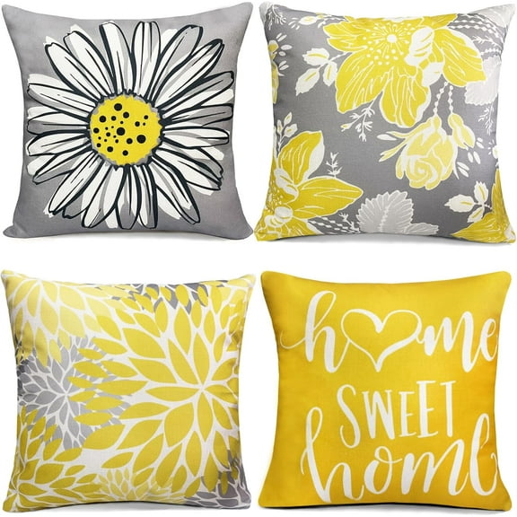 Yellow Linen Decorative Throw Pillow Covers 18x18 Pillow Cover Set of 4,Farmhouse Outdoor Pillow Covers, Throw Pillows Couch Pillow Covers for Sofa,Square Pillowcase Covers Home Decor