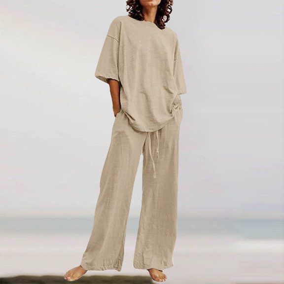Yellow Linen Leisure Crew Neck Weekend Comfort Waist Women's Trousers Suit, Summer Casual Belt Pocket Set Half Sleeve O Neck Top And Wide Leg Trouser Set