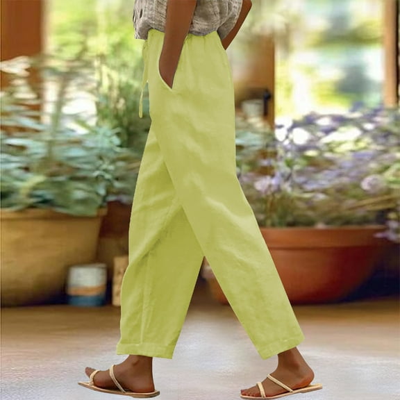 Yellow Linen Pants Women Solid Straight Solid Elastic Pants Long Linen Women Waist Cotton Casual Slit Trouser Legs Pants Sweatpants Womens Fashion