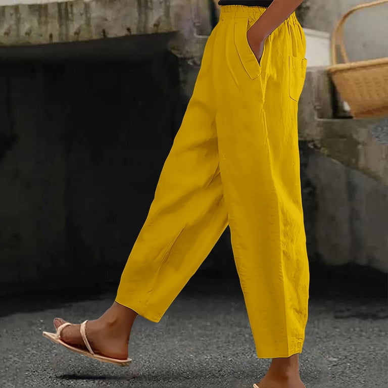 Elastic Waist Yellow Linen Pants Womens Women's Dunedin Yellow Cotton Wide Leg Drawstring Pants Size: S Elastic Waist Yellow Linen Pants Womens Women's Dunedin Yellow Cotton Wide Leg Drawstring Pants Size: S