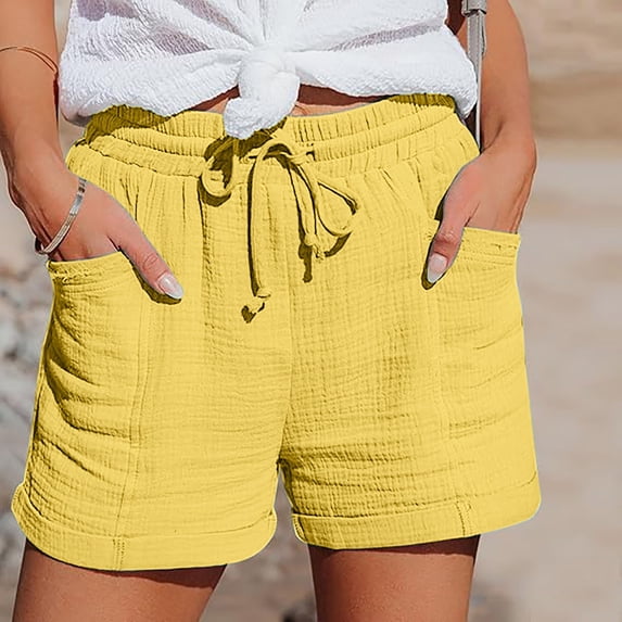 Yellow Linen Shorts Women's Fashion Casual High Waist Pants Straight Leg Sports Casual Loose Shorts