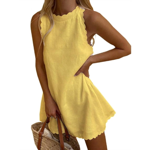 Yellow Linen Sleeveless Mock Neck Scallop Hem Sundress Casual Summer Dress