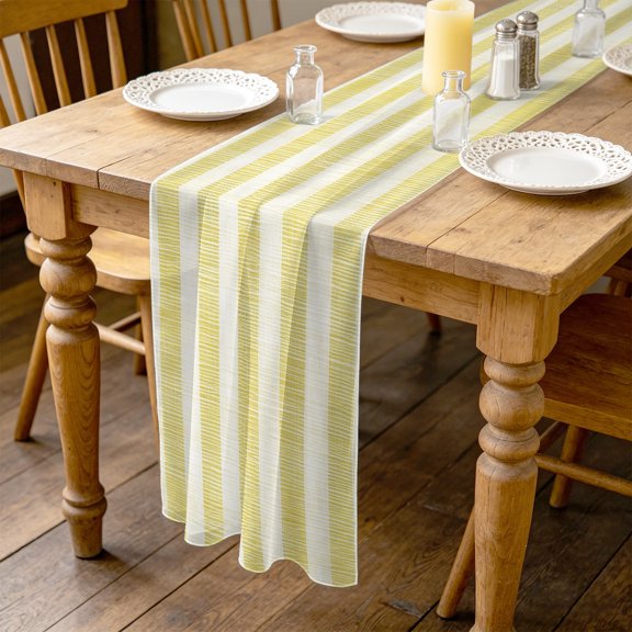 Yellow Linen Stripes 10ft Cheesecloth Table Runner for Wedding 27"x120", Vintage Country Kitchen Dinner Sheer Tulle Chiffon Dresser Scarf, Holiday Party Decorations