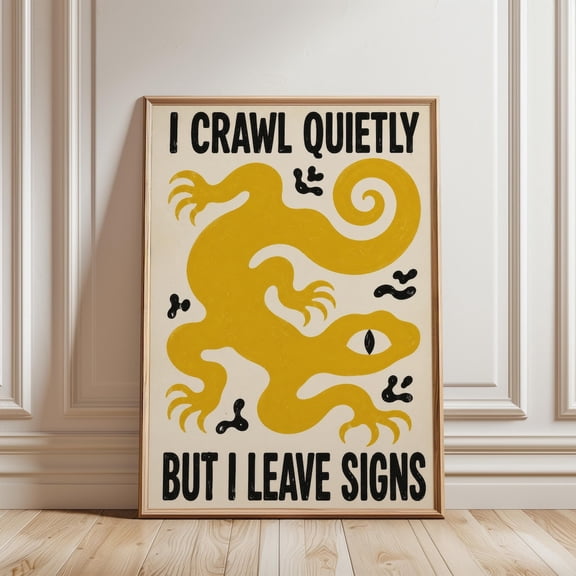 Yellow Lizard Poster Surreal Typography Wall Art Retro Creature Illustration Print