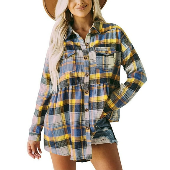 Yellow Long Sleeve Shirt with Drop Shoulder, Button-Up, Fold-Over Collar & Pocket, S Plaid Chic
