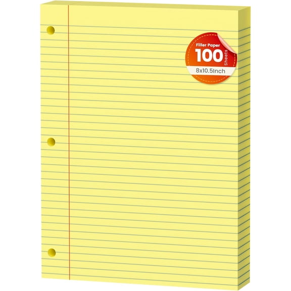Yellow Loose Leaf Paper 100 Sheets Colored Filler Paper 8 * 10.5 College Ruled Paper 3-Hole Punched Paper for 3-Ring Binders Notebook Lined 8" x 10.5"