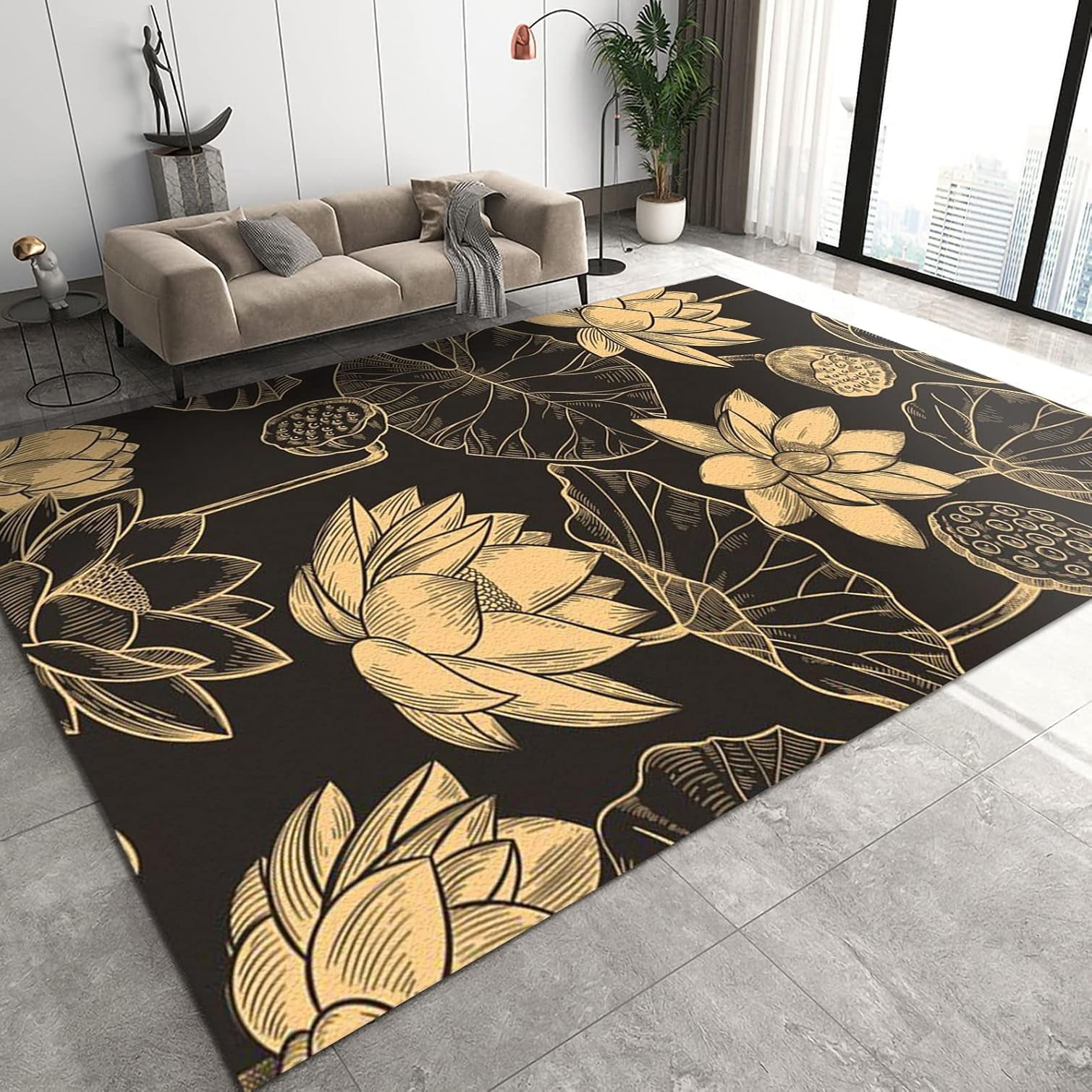 Dust Control Rugs Yellow Lotus Area Rugs, Lotus Plant Carpet, Apartment Carpet Dust-Proof ...