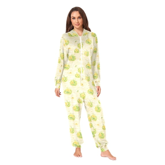 Yellow Lotus Garden Adult onesie Pajamas, Crystal Velvet Ultra Soft Warm Jumpsuit for Men and Women