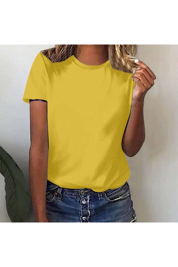 Yellow M WIZUTIZ Tops Women's Holiday Saving Cotton Linen Athletic Cotton Blend Tops Solid Breathable Short Sleeve Tshirts Plus Ladies Lightweight Tshirt Loose Fit Plain Tee Trendy Round Neck T-shirt