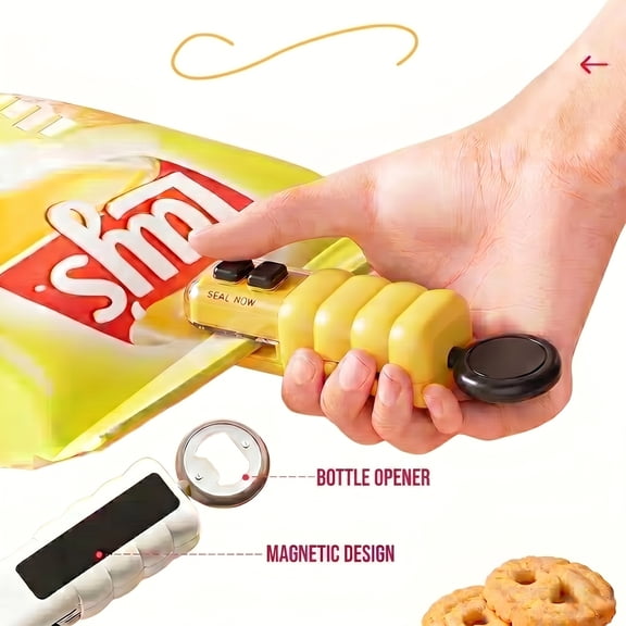 Yellow Magnetic Mini Bag Sealer 4 in 1 Type C Rechargeable Heat Sealer with Cutter and Bottle Opener for Snack Food Storage