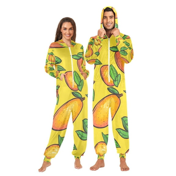 Yellow Mangos Adult Onesie Pajamas Slim Fit Christmas One Piece Suit Pjs for Women and Men Hooded Zipper
