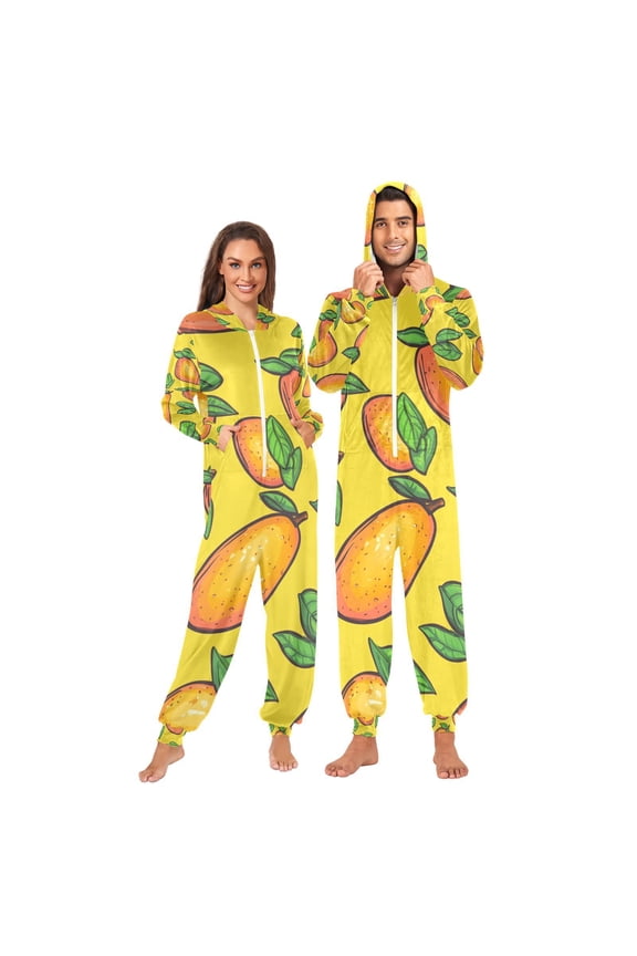 Yellow Mangos Adult Onesie Pajamas Slim Fit Christmas One Piece Suit Pjs for Women and Men Hooded Zipper
