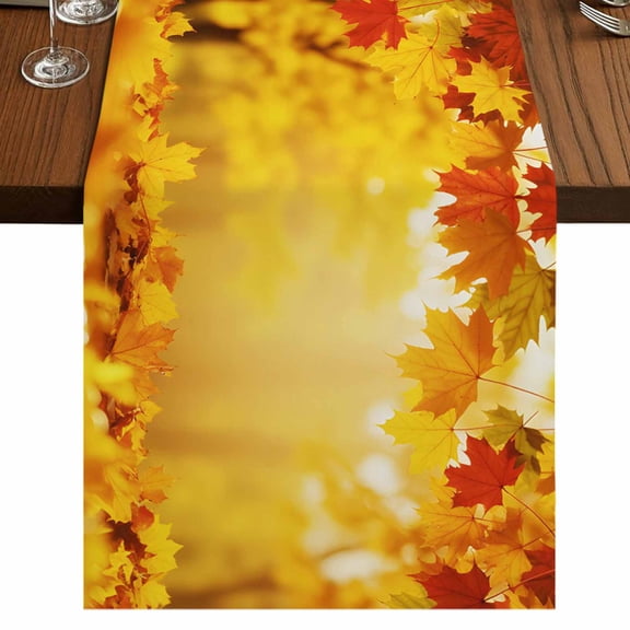 Yellow Maple Fall 120 Inch Table Runner, Autumn Leaves Country Deciduous Forest Farmhouse Dresser Scarf Cotton & Linen Tablerunner for Dining/Kitchen Island/Holiday Party Décor 13" x 120"