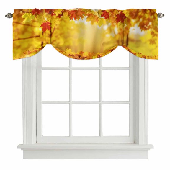 Yellow Maple Fall Tie Up Valance Curtains for Windows, Kitchen Curtains Window Treatments, Autumn Leaves Country Deciduous Forest Short Window Shades Valances for Bedroom Bathroom Cafe 42"x12"