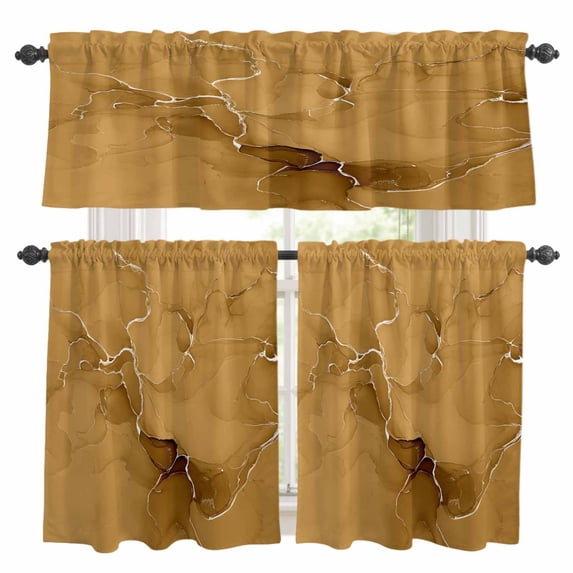 Yellow Marble Texture Kitchen Curtains Sets for Windows 24 Inch Length, Country Ombre Fluid Aesthetic Rod Pocket Window Treatments Tier Curtains and Valances Set for Bedroom/Bathroom