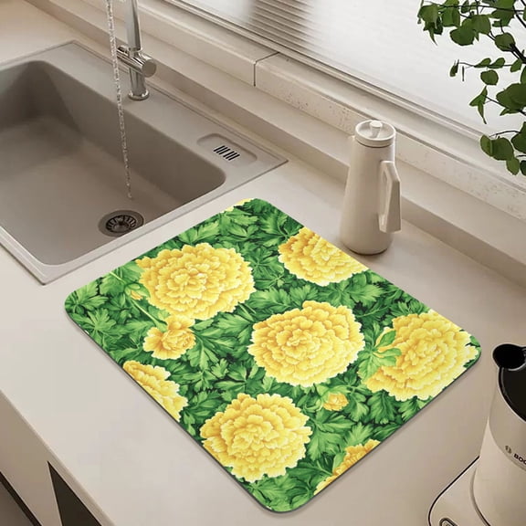Yellow Marigold Flowers Dish Drying Mat for Kitchen Counter Absorbent Drainer Mats (15.7X11.8inch)