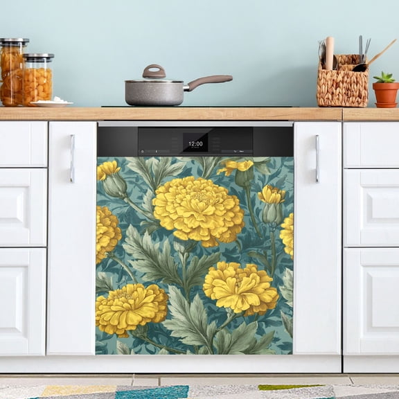 Yellow Marigold Flowers Leaves Dishwasher Magnet Refrigerator Magnetic Cover Washing Machine Magnet Sticker Kitchen Decor