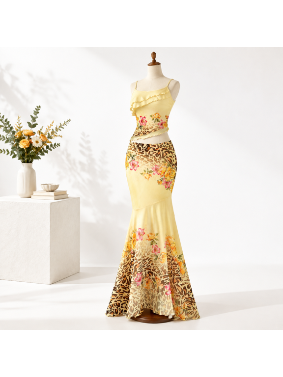 Yellow Medium 2 Piece Cami Top Maxi Skirt Outfit Set for Beach Vacation