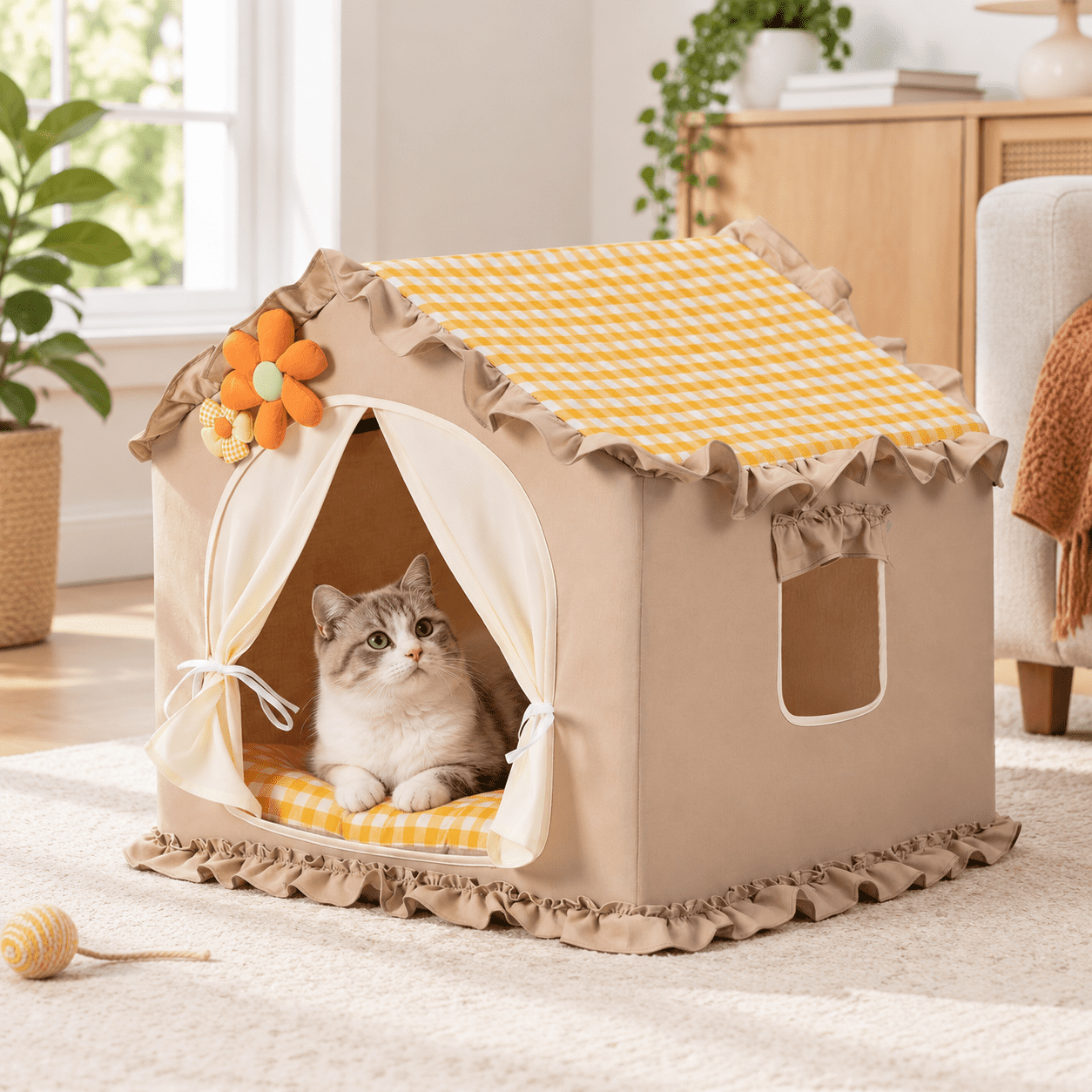 Yellow Medium Foldable Indoor Pet House with Frame for Small Dogs and ...