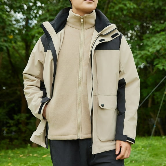 Yellow Men Jacket Zip Up Hooded Waterproof Rain Jacket Fall Winter Windbreaker Color Block Outerwear