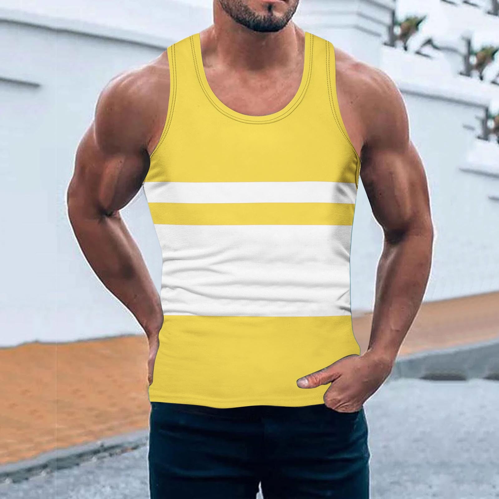 Yellow Mens Tank Top Men Summer Striped Casual Beach Top Shirt Elegant  Sports Sleeveless Beach Shirt Top Loose Tank Top Mens Solid Tank